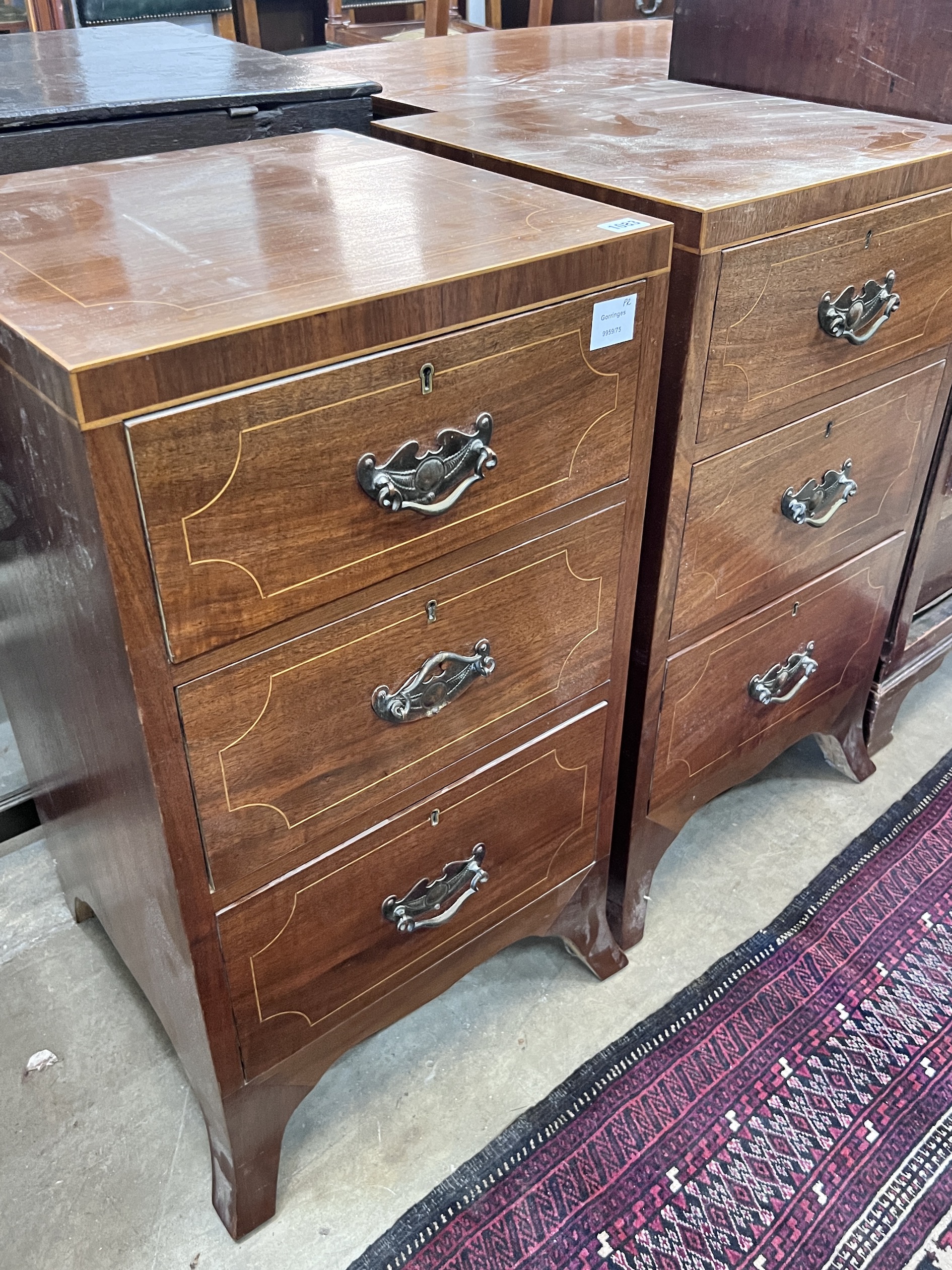 A pair of George III style inlaid mahogany bedside chests, width 43cm, depth 42cm, height 77cm